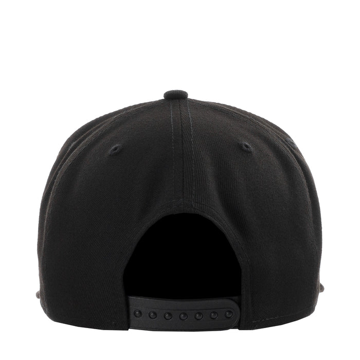 Black baseball cap back view with adjustable strap and ventilation eyelets