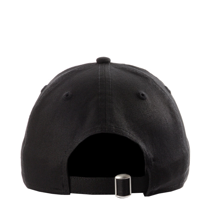 Black baseball cap back view with metal strap adjuster