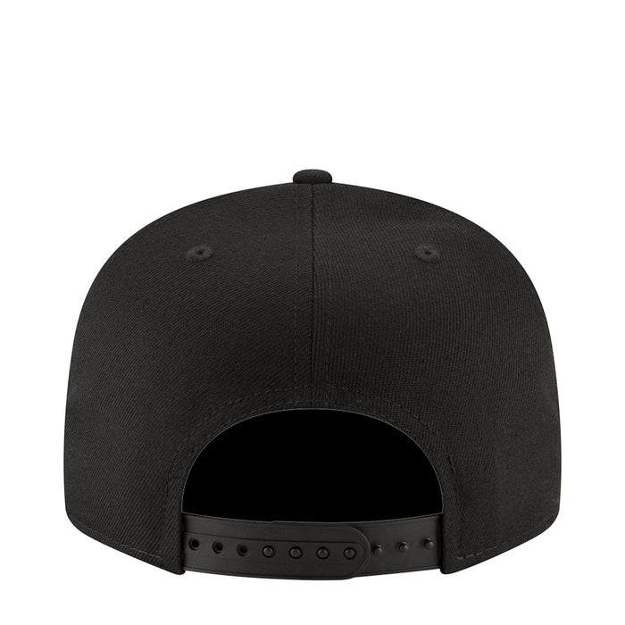 Black baseball cap back view with adjustable snap strap and vent eyelets