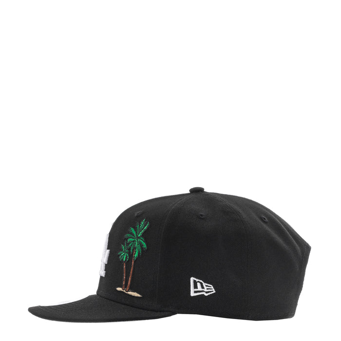 Black baseball cap with palm tree side embroidery and New Era logo patch