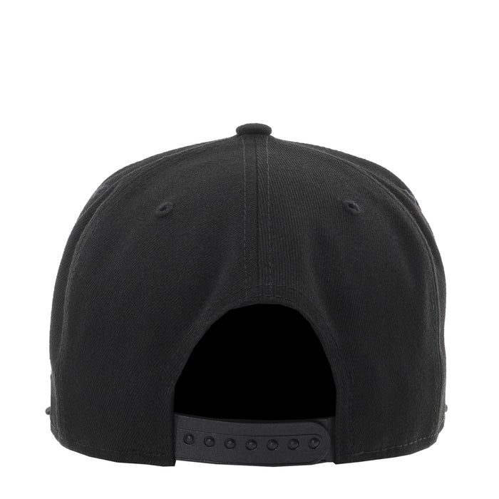 Black baseball cap back view with adjustable strap and ventilation eyelets