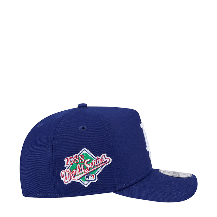 Youth navy baseball cap with colorful Dodgers script patch on side