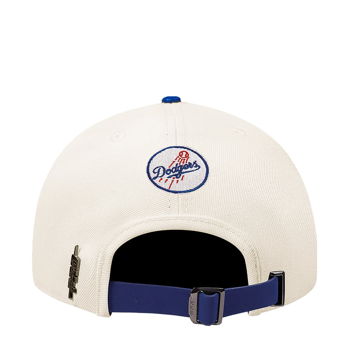 Cream Dodgers baseball cap with embroidered oval back logo and adjustable strap