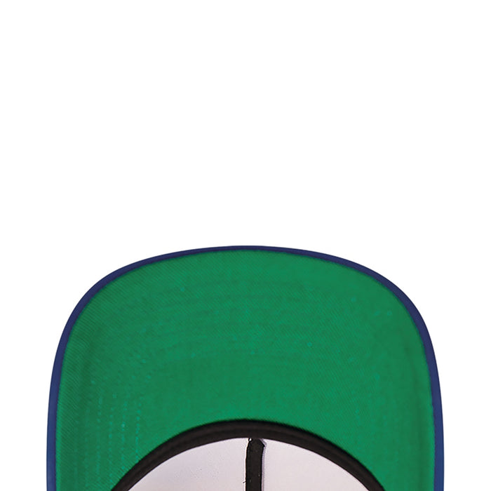 Green baseball cap crown with dark purple border and black edge