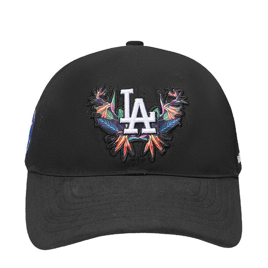 Black strapback baseball cap with LA logo and colorful birds-of-paradise embroidery