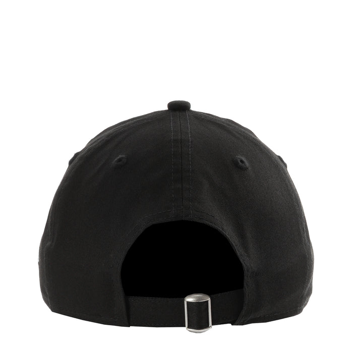 Black baseball cap back view with adjustable strap and metal buckle