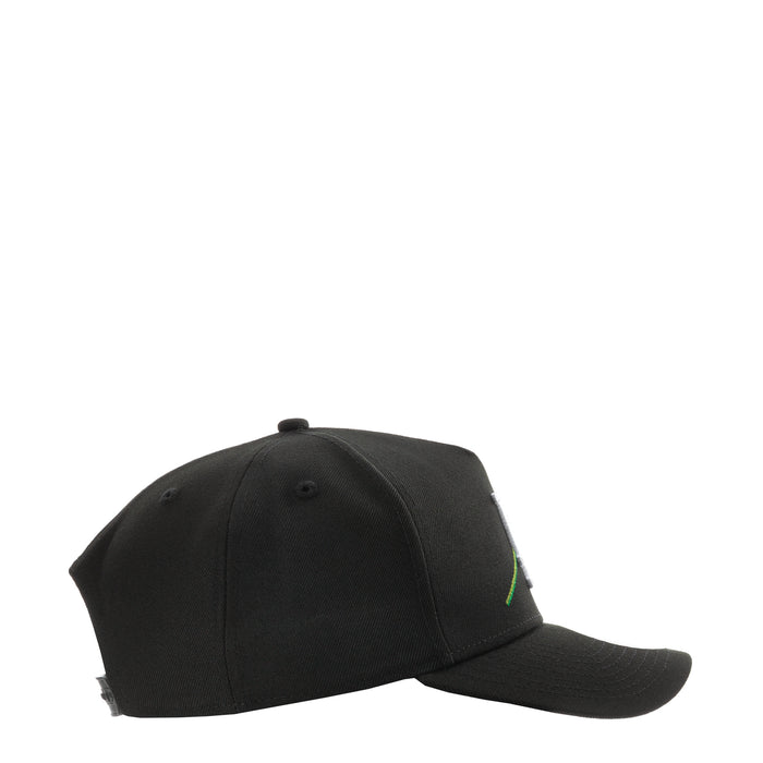 Black A-frame baseball cap with green side detailing and curved brim