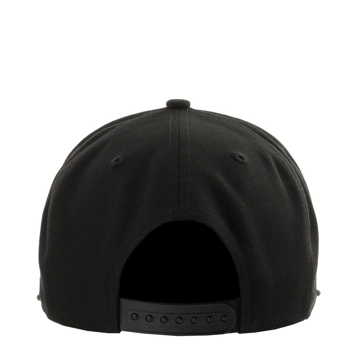 Black baseball cap back view with adjustable snap strap