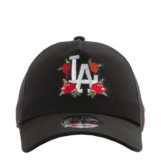 Black trucker cap with LA lettering and red rose embroidery on the front