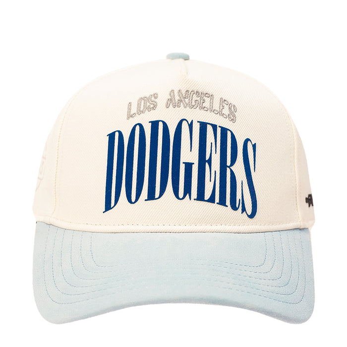 White and light blue baseball cap with Dodgers wordmark front embroidery