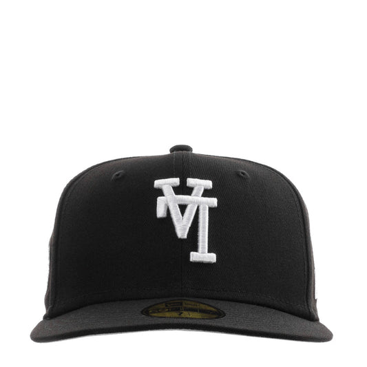Black baseball cap with white upside-down monogram logo