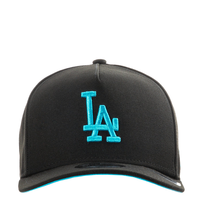 Black A-frame baseball cap with turquoise LA logo on the front