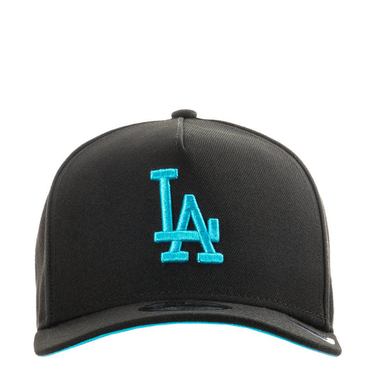 Black A-frame baseball cap with turquoise LA logo on the front