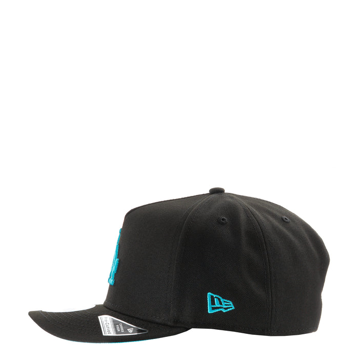 Black A-frame baseball cap with turquoise LA logo and New Era badge