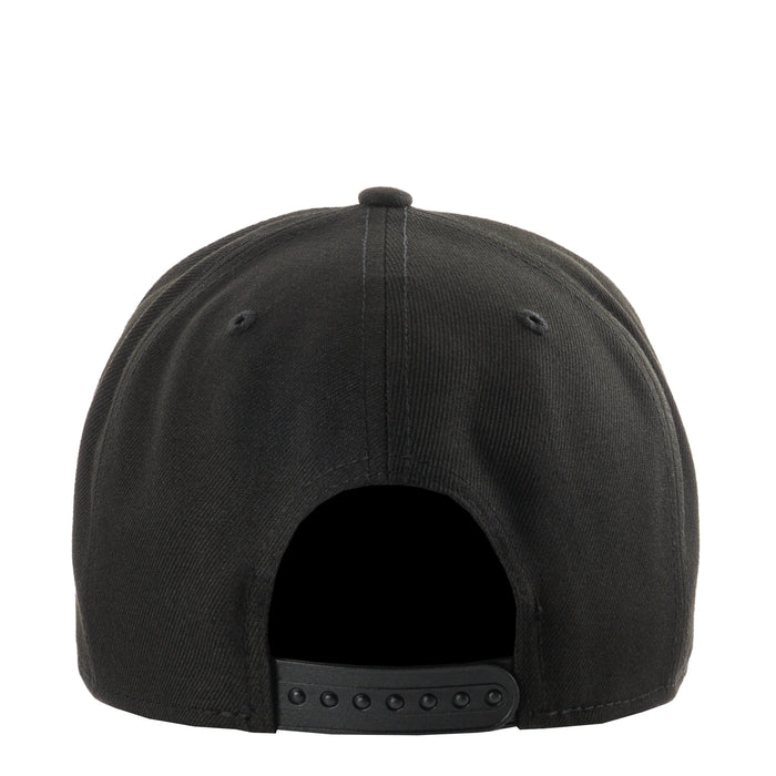 Black A-frame baseball cap back view with adjustable snap strap