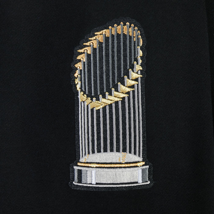 Men's black hoodie close-up of gold and white trophy graphic