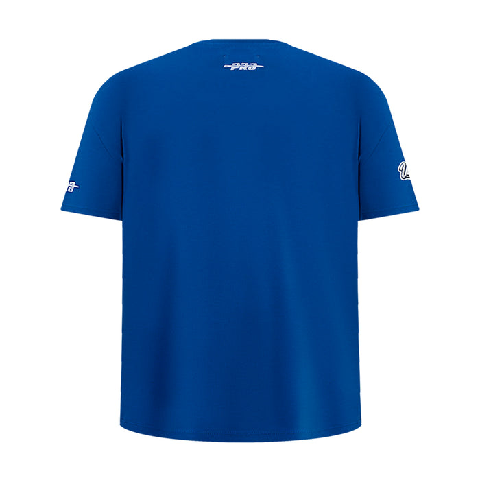 Kids blue T-shirt back view with small PRO logo on upper back