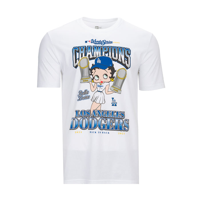 Women's white crew neck T-shirt with colorful Dodgers graphic on front