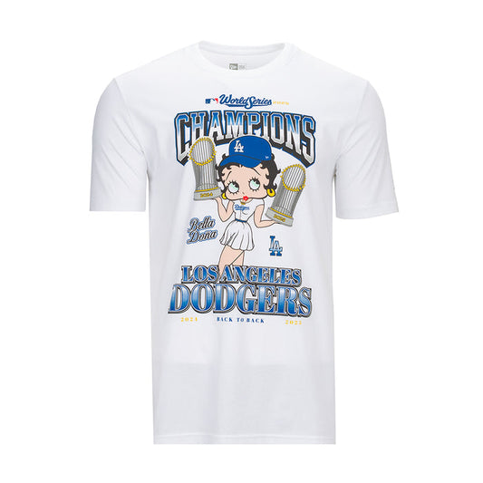 Women's white crew neck T-shirt with colorful Dodgers graphic on front
