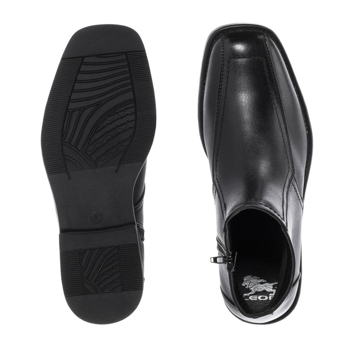 Black leather side-zip ankle boot, outsole and interior collar view