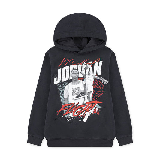 Youth black pullover hoodie with front graphic print, hood and pocket