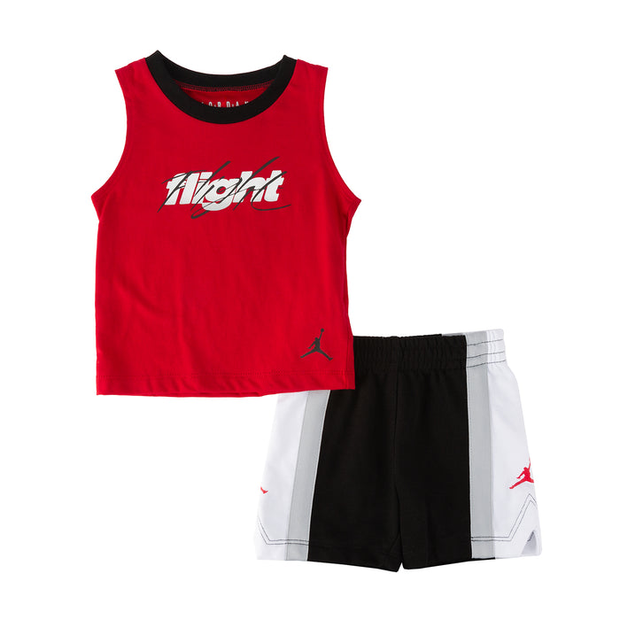 Infant tank and shorts set with red sleeveless top, black trim, and black patterned shorts