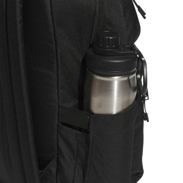 Black backpack side pocket with attached water bottle