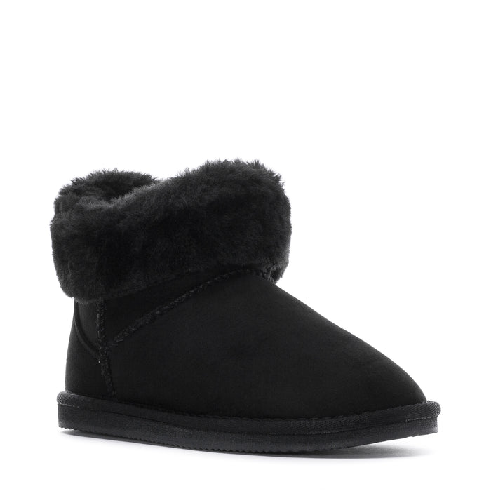 Black womens low ankle boot with thick faux-fur collar and side seam