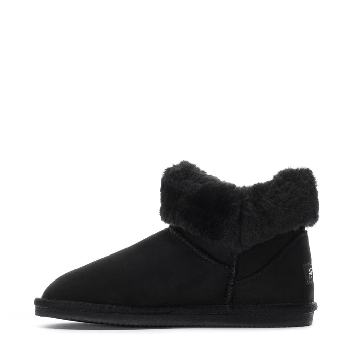 Black womens low boot with folded faux-fur cuff and low rubber sole