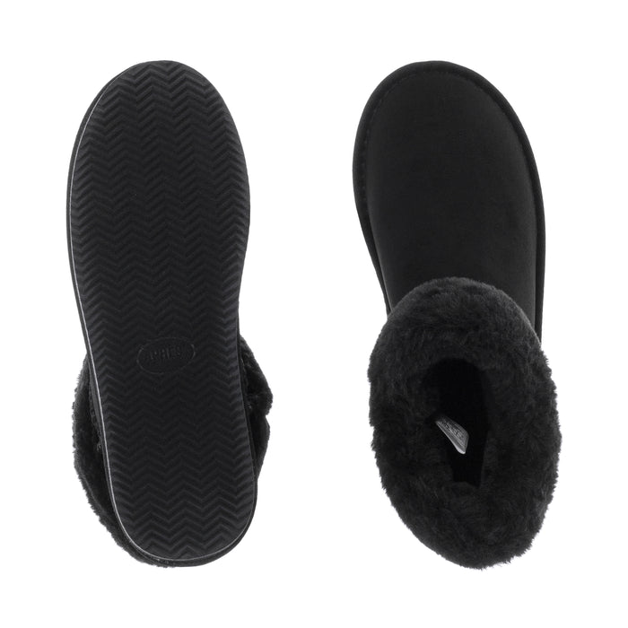 Black womens low boot outsole and inner view with plush fur trim