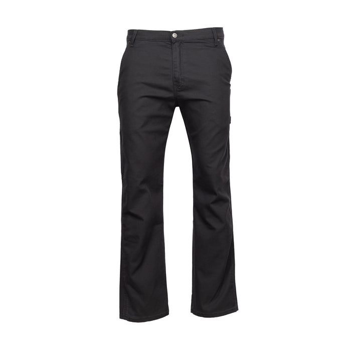 Men's black carpenter work pants with belt loops, button fly, and straight legs