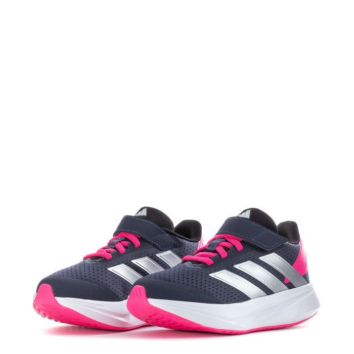Pair of navy kids running shoes with pink laces and white midsole, side view