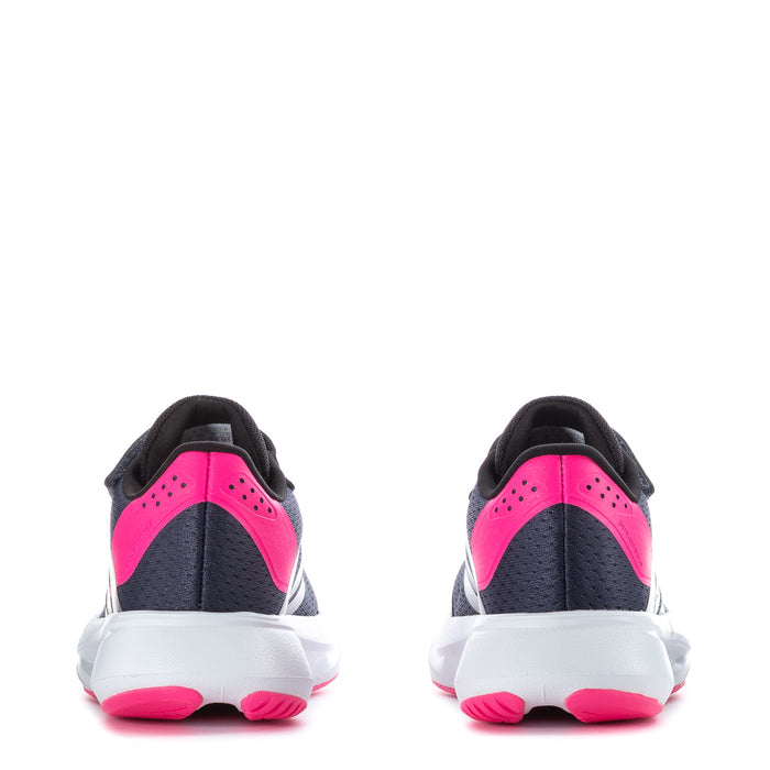 Kids sneakers from back: navy uppers with pink accents and white cushioned heel