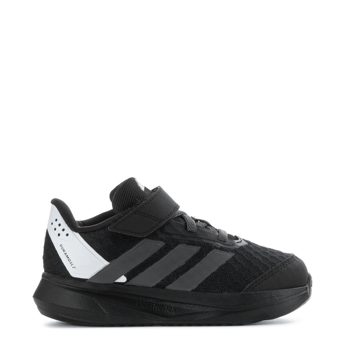Kids black low-top sneaker with hook-and-loop strap, white side stripes, cushioned sole