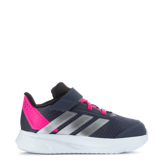 Toddler navy and pink athletic sneaker with silver side stripes and white sole