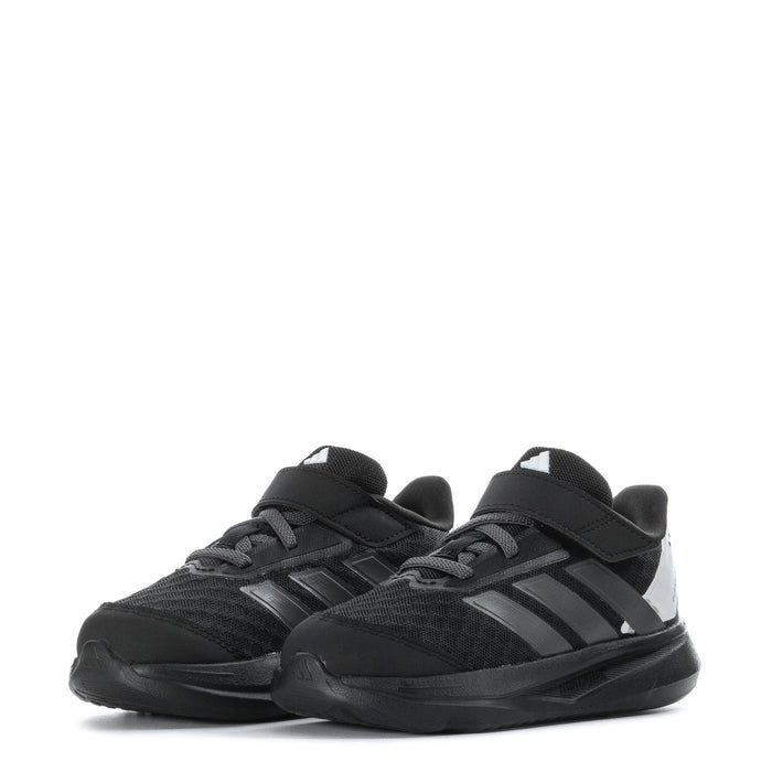 Pair of kids black low-top sneakers with lace-up front, side stripes, cushioned sole