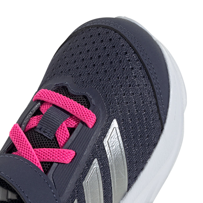 Toddler navy knit sneaker upper with pink Velcro strap, silver details, and white sole