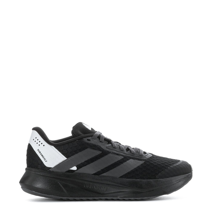 Youth running shoe in black with white and gray logo stripes, lace-up design