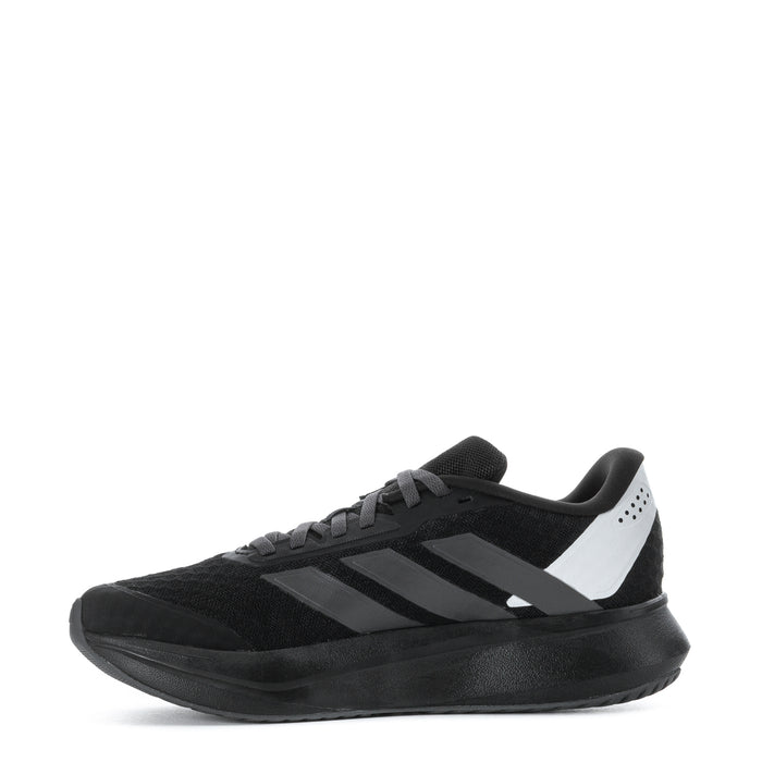 Youth running shoe side view, black upper with white and gray stripes and lace-up