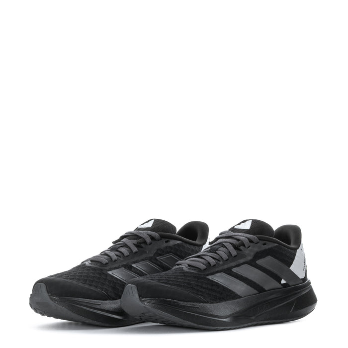 Youth running shoe angled view, black mesh upper with gray stripes and black laces
