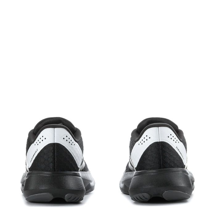 Youth running shoe heel view, black back with white perforated collar and gray accents