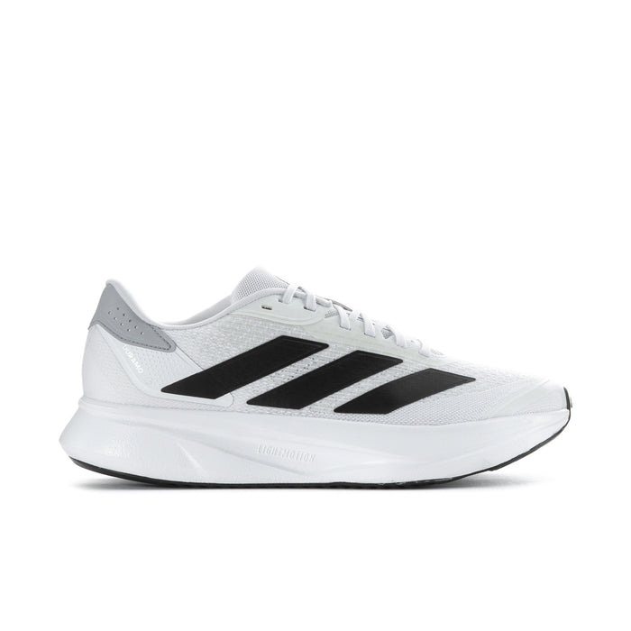 Men's white running shoe with black 3-stripe sides and lace-up front