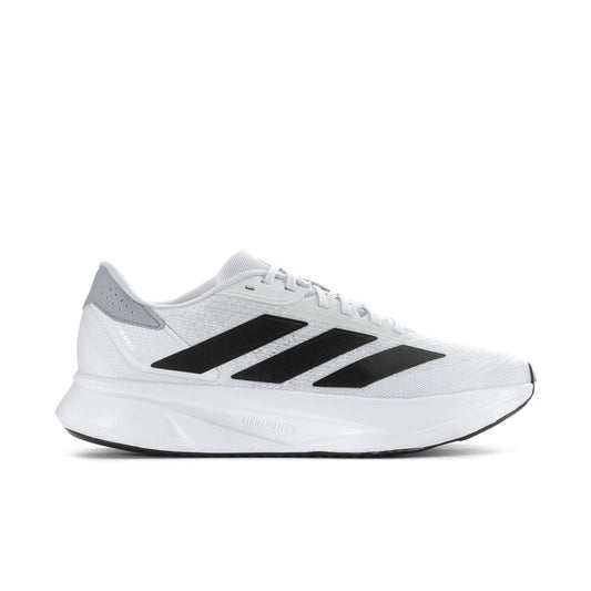 Men's white running shoe with black 3-stripe sides and lace-up front