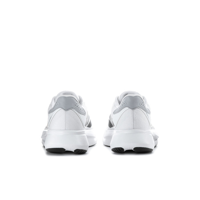 Men's white running shoes, back view with heel pull tab and black tread sole