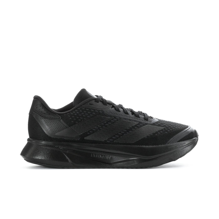 Black lace-up running shoes with mesh upper and textured side stripes