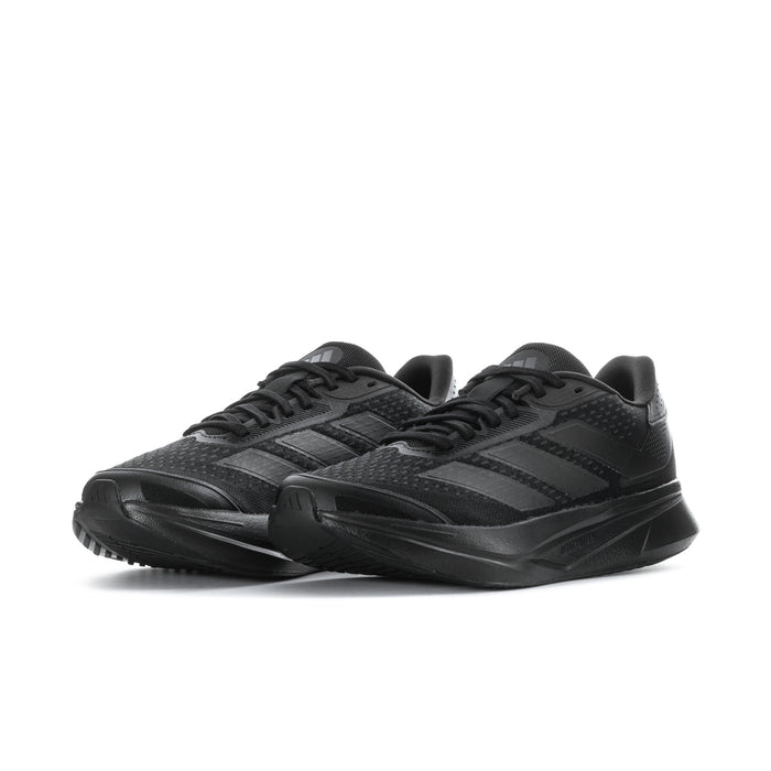 Black lace-up running shoes, side and front view with sculpted cushioning sole