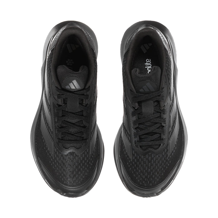 Pair of black lace-up running shoes shown from the top with open tongue and laces