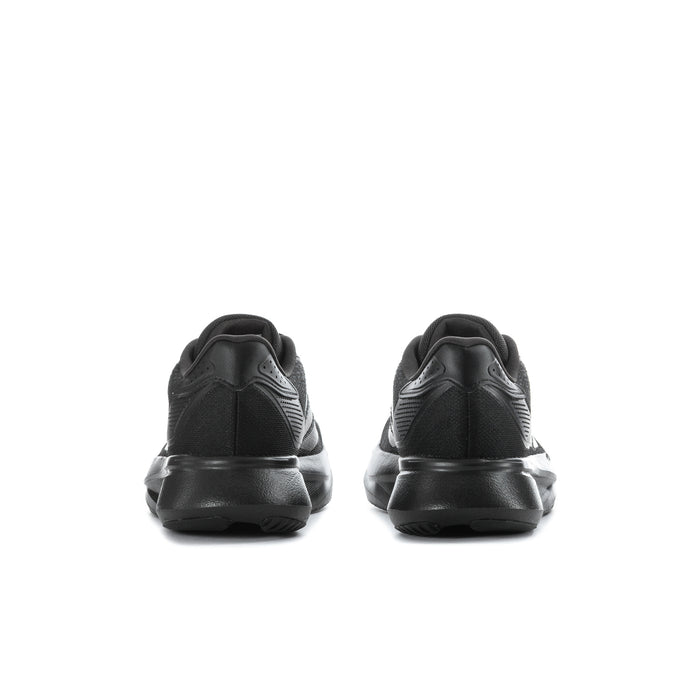 Black running shoes viewed from the heel with padded back and cushioned sole