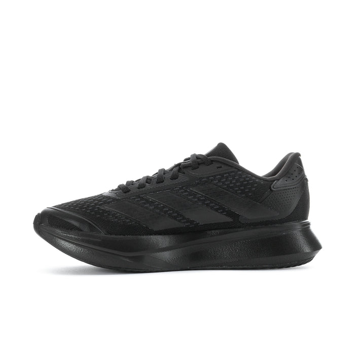 Black lace-up running shoes, angled side view with mesh detailing and side logo