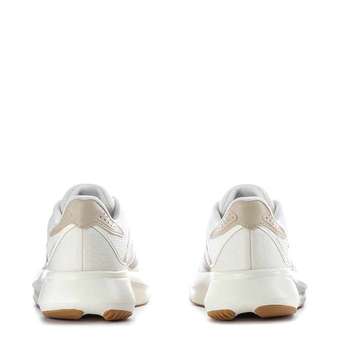 White women's running shoes with padded collar and gum outsole, rear view